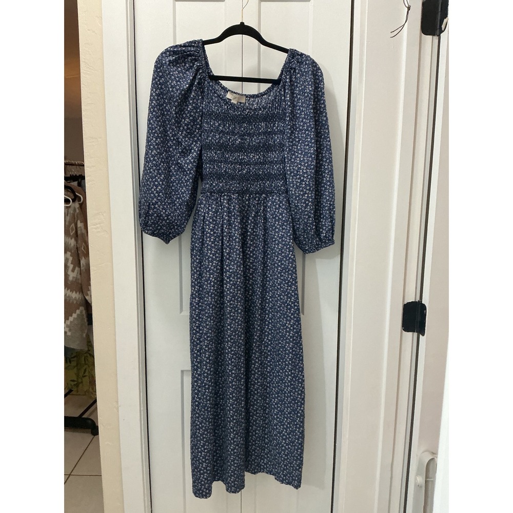 LOFT cottagecore boho Smocked Midi Dress Puff Sleeve Cotton Square Neck Small